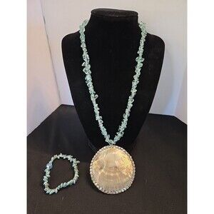 Aquatic Theme Pale Green Glass Necklace 18"-20" Pearled Shell Pendant & Bracelet